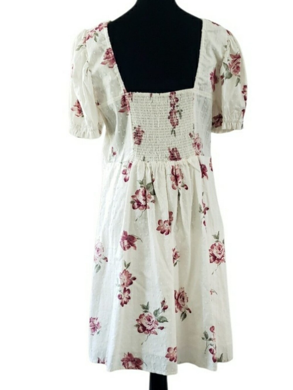 Cream Midi Dress with Pink Floral Print and Puff Sleeves - Picture 3 of 7